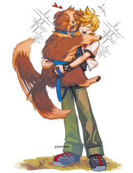 +++ 1boy absurdres animal animal_collar animal_hug black_shoes blonde_hair blush_stickers brown_fur checkered_clothes closed_eyes collar commentary dog full_body green_pants happy heart highres holding holding_animal holding_dog holding_leash jacket kingdom_hearts leash light_blush male_focus moomusapi open_clothes open_jacket open_mouth pants roxas shoes short_hair short_sleeves smile sparkle spiked_hair spoken_heart standing symbol-only_commentary tail tail_wagging twitter_username white_background white_jacket wristband