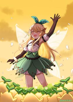 1girl amaimi aqua_ribbon black_gloves blonde_hair butterfly_hair_ornament closed_eyes commentary detached_sleeves elbow_gloves english_commentary fairy_wings falling_petals flower gloves grass green_headband green_skirt hair_flower hair_ornament hair_ribbon halterneck headband long_hair nijisanji nijisanji_en open_mouth orange_sky petals pointy_ears pomu_rainpuff pomu_rainpuff_(1st_costume) pomudachi_(pomu_rainpuff) puffy_sleeves ribbon shirt shirt_tucked_in skirt sky solo twitter_username virtual_youtuber waving white_flower white_shirt white_sleeves wings