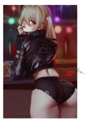 1girl absurdres ass back bekus black_jacket black_shorts blonde_hair blurry blurry_background border closed_mouth cowboy_shot cropped_jacket depth_of_field from_behind hair_between_eyes heart highres jacket long_hair looking_at_viewer looking_back luciana_de_montefio micro_shorts red_eyes shorts side_ponytail signature solo standing white_border zenless_zone_zero