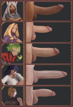 5futa absurdres animal_ears blonde_hair blue_eyes blue_hair boku_no_hero_academia breath_weapon breathing_fire burnin_(boku_no_hero_academia) chart closed_mouth comparison dark-skinned_female dark_skin ear_piercing erection fire frown futanari green_hair hair_over_one_eye highres large_penis long_hair long_image looking_at_viewer medium_penis midnight_(boku_no_hero_academia) mirko mole mole_under_eye mount_lady multiple_futa one_eye_closed orange_eyes parted_lips penis penis_chart penis_comparison penis_size_comparison piercing pointy_bean rabbit_ears red_eyes ryuukyuu short_hair small_penis smile teeth testicles uncensored veins veiny_penis white_hair wink