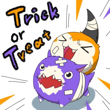 2others :3 bandages digimon digimon_(creature) digimon_story:_time_stranger dorimon english_text full_body halloween halloween_costume horns looking_up multiple_others nobody13jun riding_digimon sharp_teeth simple_background single_horn smile standing teamwork teeth trick_or_treat tunomon