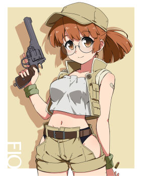 1girl baseball_cap black_panties brown_eyes brown_hair crop_top fio_germi glasses gun hat highres holding holding_gun holding_weapon looking_at_viewer metal_slug necono_(nekonosora1207) panties ponytail round_eyewear smile solo underwear utility_vest vest weapon