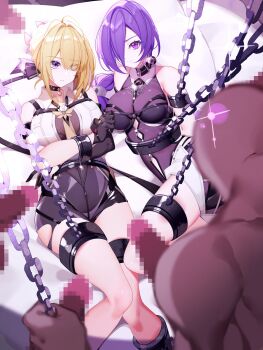 2girls 5boys bald bare_shoulders bdsm black_choker black_gloves blonde_hair bodystocking bondage bound breasts censored chain chained chest_harness choker closed_mouth commentary_request crescent crescent_earrings dark-skinned_male dark_skin earrings erection evelyn_chevalier female_focus gloves hair_over_one_eye harness highres jewelry large_breasts lying mole mole_on_stomach mosaic_censoring multiple_boys multiple_girls nami_qi on_back on_bed penis promeia_(zenless_zone_zero) purple_eyes purple_hair restrained shirt surrounded_by_penises white_shirt zenless_zone_zero