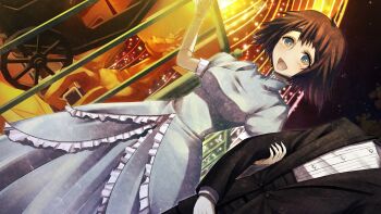 1boy 1girl amusement_park aqua_eyes arm_hug black_bow black_bowtie black_hair black_jacket black_pants black_suit black_trim blue_dress blue_eyes bow bowtie breasts buttons carousel collar collarbone collared_shirt couple dress dutch_angle elbow_gloves formal_clothes frilled_collar frilled_dress frilled_skirt frills game_cg gloves happy high-waist_pants high_collar highres holding holding_pole horse huke jacket layered_skirt long_skirt looking_at_another medium_breasts medium_hair night night_sky non-web_source official_alternate_costume official_art okabe_rintarou open_mouth outdoors pants pink_lips pole puffy_short_sleeves puffy_sleeves ringed_eyes science_adventure shiina_mayuri shiny_lips shirt short_sleeves skirt sky square_pupils standing star_(sky) starry_sky steins;gate steins;gate:_my_darling&#039;s_embrace striped_clothes striped_shirt suit suit_jacket tareme tongue tree tuxedo vertical-striped_clothes vertical-striped_shirt white_gloves white_horse white_shirt