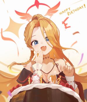 1girl absurdres bare_shoulders birthday_cake blonde_hair blue_archive blue_eyes blush braid breasts cake cleavage fang food halo happy_birthday highres japanese_clothes kimono large_breasts long_hair open_mouth pina_(blue_archive) red_halo red_kimono rescat sidelocks single_braid skin_fang solo sparkling_eyes
