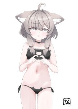 1girl absurdres animal_ears black_bra black_choker black_panties bra breasts cat_cutout cat_ear_panties cat_ears cat_girl cat_lingerie choker clothing_cutout four-finger_heart_hands grey_eyes grey_hair heart heart_hands highres looking_at_viewer low-tied_sidelocks mafuyu_(vrchat) navel nayanaiti panties sidelocks simple_background small_breasts stomach underwear vrchat white_background