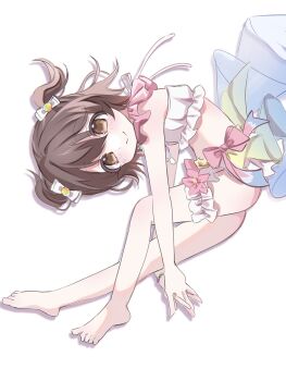 1girl akagi_miria back_bow barefoot bikini blush bow bracelet brown_eyes brown_hair commentary_request dgarlx flower frilled_thigh_strap hair_bow highres idolmaster idolmaster_cinderella_girls jewelry looking_at_viewer multiple_hair_bows necklace own_hands_together pale_skin pink_bow pink_flower ruffle_bikini shadow shell short_twintails simple_background smile solo solo_focus swimsuit thigh_strap twintails white_background white_bikini