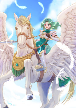 Rule 34 | alternate costume, aqua hair, aqua skirt, armor, armored boots, bishoujo senshi sailor moon, boots, breastplate, commentary request, high collar, highres, horseback riding, kaiou michiru, long hair, looking at viewer, pegasus, riding, saddle, sailor neptune, shoulder armor, skirt, sword, tasuku (tasukurukuru), thighhighs, weapon