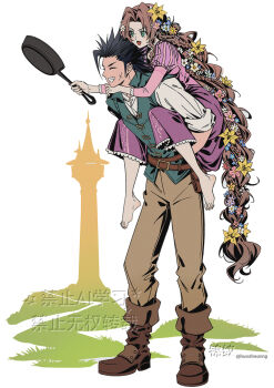 1boy 1girl aerith_gainsborough barefoot black_hair blue_flower blue_vest boots braid brown_boots brown_hair brown_pants carrying closed_eyes cosplay couple crisis_core:_final_fantasy_vii cross_scar disney dress facial_scar feet final_fantasy final_fantasy_vii flower flynn_rider flynn_rider_(cosplay) frying_pan green_eyes grin hair_flower hair_ornament holding holding_frying_pan huosheanng juliet_sleeves long_hair long_sleeves open_mouth pants parted_bangs piggyback pink_dress pink_flower puffy_sleeves purple_flower rapunzel_(disney) rapunzel_(disney)_(cosplay) scar scar_on_cheek scar_on_face shirt smile spiked_hair standing tangled toes tower twitter_username very_long_hair vest white_flower white_shirt yellow_flower zack_fair