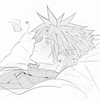 1boy animalization bird blush chibi chibi_inset closed_eyes closed_mouth cloud_strife earrings final_fantasy final_fantasy_vii greyscale highres jewelry male_focus mmmckayyy monochrome parted_bangs pillow short_hair single_earring sketch sleeping sleeveless sleeveless_turtleneck solo spiked_hair stud_earrings turtleneck upper_body white_background zzz