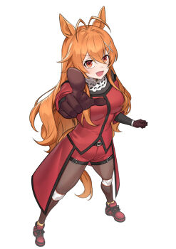 1girl :d absurdres animal_ears antenna_hair black_pantyhose borrowed_character breasts brown_gloves commentary_request commission from_above fukuro_(maruaru00) gloves hair_between_eyes hair_ornament highres horse_ears horse_tail jacket long_hair looking_up medium_breasts open_mouth orange_eyes orange_hair original pantyhose pixiv_commission pointing pointing_at_viewer pointing_up red_jacket red_shoes red_shorts shoes shorts simple_background smile solo tail umamusume very_long_hair white_background x_hair_ornament