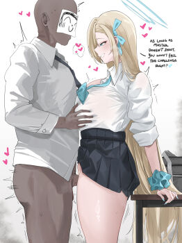 1boy 1girl absurdres asuna_(blue_archive) asuna_(school_uniform)_(blue_archive) black_skirt blonde_hair blue_archive blue_bow blue_bowtie blue_eyes blue_halo blue_nails blue_ribbon blue_scrunchie bow bowtie breasts commentary doodle_sensei_(blue_archive) english_text grabbing_another&#039;s_breast grin groping hair_ribbon halo hetero highres huge_breasts long_hair loose_bowtie miz_blank no_nut_november penis pleated_skirt ribbon school_uniform scrunchie sensei_(blue_archive) shirt shirt_tucked_in skirt smile symbol-only_commentary thigh_sex uncensored white_shirt wrist_scrunchie