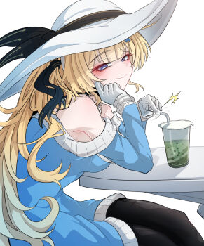 absurdres bare_shoulders black_pantyhose blonde_hair blue_dress blue_eyes closed_mouth commentary crossed_legs cup disposable_cup dress drinking_straw from_side gloves hat highres jewelry long_hair looking_at_viewer looking_to_the_side necklace nort_muhehehe off-shoulder_dress off_shoulder pantyhose phoebe_(wuthering_waves) smile tacet_mark_(wuthering_waves) white_gloves white_hat wuthering_waves