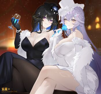 2girls absurdres artist_name black_dress black_gloves black_hair black_hat black_swan_(honkai:_star_rail) black_swan_(recollection)_(honkai:_star_rail) black_veil blackdwarf blue_flower blue_rose bow bracelet breasts cleavage colored_inner_hair commentary constance_(honkai:_star_rail) constance_(recollection)_(honkai:_star_rail) crossed_legs cup demon_horns dress drinking_glass english_commentary flower fur_trim gem gloves hair_ornament hat highres honkai:_star_rail honkai_(series) horns jewelry large_breasts long_hair looking_at_viewer mole mole_under_eye multicolored_hair multiple_girls necklace official_alternate_costume pantyhose pearl_(gemstone) pearl_bracelet pearl_necklace purple_eyes purple_hair rose sleeveless veil very_long_hair white_dress white_gloves white_hat wine_glass yellow_eyes