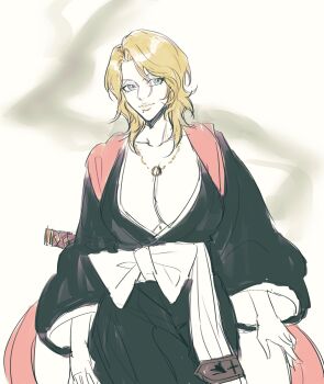 2025 badge bleach bleach:_sennen_kessen-hen blonde_hair blue_eyes breasts chain chain_necklace closed_mouth collarbone fukutaichou_badge highres japanese_clothes jewelry large_breasts looking_at_viewer matsumoto_rangiku medium_hair mole mole_under_mouth necklace nothinkingirl pink_shawl shawl shihakusho smile sword upper_body weapon zanpakutou