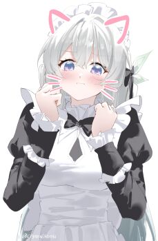 1girl absurdres alternate_costume apron black_bow black_bowtie black_dress blue_eyes blush bow bowtie breasts clenched_hands closed_mouth commentary cryne drawn_ears drawn_whiskers dress enmaided firefly_(honkai:_star_rail) grey_hair hair_between_eyes hair_bow hands_up highres honkai:_star_rail honkai_(series) large_breasts long_hair long_sleeves looking_at_viewer maid maid_headdress multicolored_eyes purple_eyes simple_background solo two-tone_eyes upper_body white_background