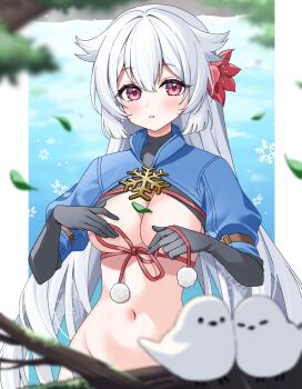 1girl bird black_gloves blue_shrug blurry blurry_background bottomless branch breasts cleavage commentary covering_breasts covering_privates falling_leaves flower fuyuka_(stella_sora) gloves hair_flaps hair_flower hair_ornament hayami_kaname highres large_breasts leaf light_blush long_hair navel outside_border parted_lips pom_pom_(clothes) pond red_eyes shrug_(clothing) snowflake_brooch solo standing stella_sora stomach tit_(bird) topless_female very_long_hair water white_hair