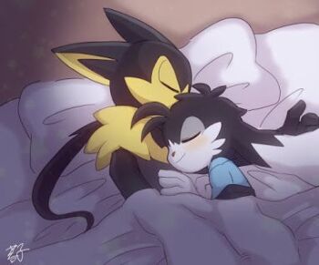 2boys age_difference artist_name bandai_namco bed black_fur blush cat child furry guntz kaze_no_klonoa klonoa klonoa_heroes long_ears multiple_boys on_bed pillow shirt shota size_difference sleeping smile topless_female wolf yaoi