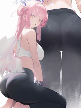 1girl alternate_costume alternate_hairstyle ass black_pants blue_archive blush breasts commentary_request drive_shot feathered_wings hair_bun hair_ornament highres large_breasts long_hair looking_at_viewer low_wings md5_mismatch midriff mika_(blue_archive) multiple_views pants partial_commentary pink_hair resolution_mismatch revision scrunchie seiza simple_background single_hair_bun single_side_bun sitting skindentation smile source_larger sports_bra sweat white_background white_sports_bra white_wings wings wrist_scrunchie yellow_eyes yoga_pants