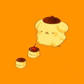 Rule 34 | :3, cherry, closed mouth, commentary, food, fruit, no humans, orange background, pompompurin, pudding, sanrio, solo, tenmiyakiyo, untranslatable commentary