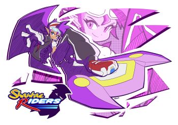 absurdres black_jacket blue_eyes dark-skinned_female dark_skin highres jacket purple_hair purple_lightning rotze shantae shantae_(series) shirt shoes skateboard sneakers solo sonic_(series) sonic_riders_(series) white_background white_shirt