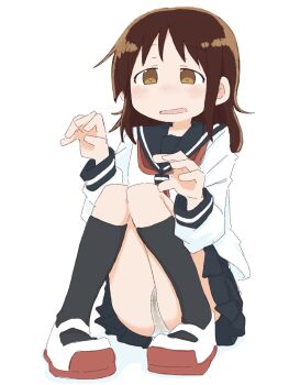 1girl black_socks blue_sailor_collar blue_skirt blush brown_eyes brown_hair female_focus flat_chest full_body half-closed_eyes hands_up kneehighs knees_together_feet_apart knees_up long_sleeves looking_afar matching_hair/eyes medium_hair miniskirt neckerchief nose_blush open_mouth original panties pee peeing peeing_self pigeon-toed pleated_skirt ponnu_(tnpn2yw) red_neckerchief red_shoes sailor_collar school_uniform serafuku shirt shoes sidelocks simple_background sitting skirt socks solo underwear wet wet_clothes wet_panties white_background white_panties white_shirt