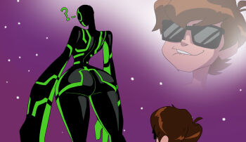 1boy 1girl ? absurdres alien ass ben_10 ben_10:_omniverse ben_tennyson biting_own_lip brown_hair from_behind highres huge_ass inker_comics sunglasses thick_thighs thighs upgrade_(ben_10)