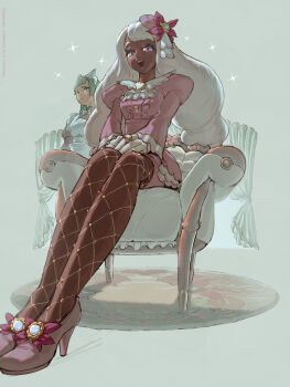 2girls absurdres apron ascot blunt_bangs bow bowtie chair commentary_request dark-skinned_female dark_skin dress fascinator fishnet_pantyhose fishnets frilled_ascot frills gloves gold_ring green_hair hair_ornament highres jacinthe_(pokemon) juliet_sleeves lebanne_(pokemon) long_hair long_sleeves looking_at_viewer low_drills maid maid_apron maid_headdress master_and_servant mega_stone multiple_girls mumumi nintendo on_chair open_mouth pantyhose pokemon pokemon_legends:_z-a puffy_sleeves purple_dress purple_eyes purple_hair sitting smile sparkle teeth upper_teeth_only very_dark_skin white_bow white_bowtie white_gloves