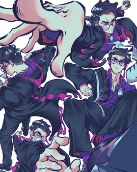 Rule 34 | absurdres, andrich galam, back tattoo, black pants, black shoes, black suit, chest tattoo, collared shirt, corbeau (pokemon), dusk ball, dynamic pose, eyewear strap, formal clothes, from above, from behind, glasses, highres, holding, holding poke ball, irezumi, loose necktie, necktie, nintendo, pants, partially unbuttoned, poke ball, pokemon, pokemon legends: z-a, purple hair, purple shirt, purple socks, round eyewear, shirt, shoes, short hair, socks, suit, tattoo, white background, white necktie, yellow eyes