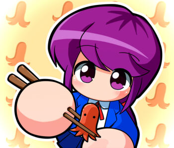 1girl asouuuu blazer blue_jacket blue_skirt chopsticks feeding food food_art holding holding_chopsticks jacket jikkyou_powerful_pro_yakyuu jikkyou_powerful_pro_yakyuu_(style) long_hair looking_at_another low_ponytail neck_ribbon no_mouth open_clothes open_jacket ponytail power_pro_kun_pocket power_pro_kun_pocket_1 purple_eyes purple_hair rayman_limbs red_ribbon ribbon school_uniform shindou_asuka_(power_pocket) shirt skirt solo tako-san_wiener white_shirt