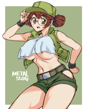 1girl absurdres adjusting_clothes adjusting_headwear bare_shoulders belt blunt_ends border breasts brown_belt brown_hair clothing_cutout commentary_request copyright_name covered_erect_nipples cowboy_shot crop_top fio_germi glasses green_background green_eyes green_hat green_shorts green_vest hat highres hip_vent kaga_kasama large_breasts metal_slug navel open_clothes open_mouth open_vest outside_border ponytail round_eyewear short_shorts shorts solo stomach tank_top underboob vest white_border white_tank_top wristband