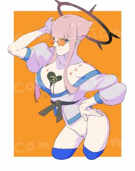 Rule 34 | 1girl, belt, black belt, black halo, blue eyes, blue thighhighs, bodypaint, border, bottomless, breasts, cleavage, commentary, commission, cosplay, cropped legs, dougi, english commentary, eyeshadow, fingernails, guilty gear, guilty gear strive, halo, hand on own hip, happy chaos, happy chaos (cosplay), heart, highres, large breasts, looking at viewer, makeup, manon legrand, namamo (squidrilling), no bra, off shoulder, orange-tinted eyewear, orange background, outside border, pink hair, pussy, red eyeshadow, rimless eyewear, short hair with long locks, solo, spiked halo, street fighter, street fighter 6, sunglasses, thighhighs, tinted eyewear, uncensored, white border, x-shaped eyewear