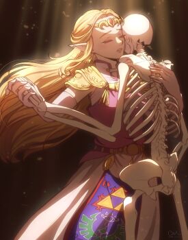arm_around_back armor blonde_hair chaendeulleo circlet closed_eyes cowboy_shot dancing dress elbow_gloves gloves gold_armor highres holding_hands long_dress long_hair nintendo parted_bangs parted_lips pink_gloves pink_tunic pointy_ears princess_zelda shoulder_armor sidelocks skeleton tears the_legend_of_zelda the_legend_of_zelda:_ocarina_of_time triforce tunic white_dress