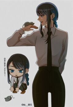 1girl ado_(utaite) black_hair black_necktie black_pants blue_eyes blue_hair braid chando_(ado) chibi commentary_request gradient_hair highres jacket keeko_(kk_0012) long_hair long_sleeves mouse_(animal) multicolored_hair necktie open_mouth pants shirt sidelocks simple_background squatting track_jacket white_background white_shirt