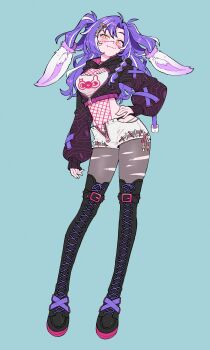 1girl absurdres alternate_costume arm_at_side black_boots black_jacket boots breasts commentary contrapposto cropped_jacket doodlelotl english_commentary fang full_body grey_background hair_between_eyes hair_ornament hand_on_own_hip highres indie_virtual_youtuber jacket lace-up_boots long_sleeves looking_at_viewer medium_breasts michi_mochievee navel purple_hair rabbit_ornament shoelaces shorts skin_fang sleeves_past_wrists solo thigh_boots torn_clothes virtual_youtuber white_shorts yellow_eyes zipper