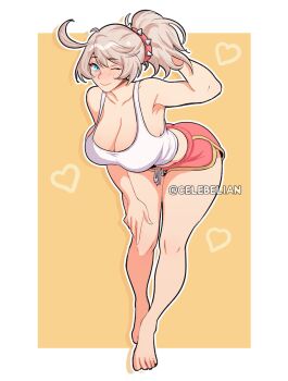 1girl arm_behind_head artist_name barefoot blonde_hair blue_eyes border breasts celebelian cleavage closed_mouth collarbone commentary commission dolphin_shorts double-parted_bangs elphelt_valentine english_commentary full_body guilty_gear heart highres large_breasts leaning_forward looking_at_viewer one_eye_closed outside_border pink_shorts short_hair short_shorts shorts smile solo tank_top white_border white_tank_top yellow_background