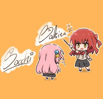 2girls :d arm_at_side arm_up black_skirt blush bocchi_the_rock! bow bowtie brown_shoes buttons chibi chibi_only cube_hair_ornament double-breasted doyagao flying_sweatdrops full_body gotoh_hitori green_eyes grey_shirt hair_ornament holding holding_pointer kita_ikuyo krill55 long_hair long_sleeves multiple_girls one_side_up open_mouth orange_background outline pink_hair pointer red_bow red_bowtie red_eyes romaji_text school_uniform shirt shoes shuka_high_school_uniform signature skirt smile smug sparkle standing v-shaped_eyebrows very_long_hair white_outline winter_uniform