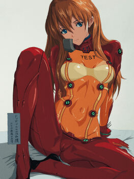 1girl ass blue_eyes bodysuit breasts cameltoe curvy evangelion:_2.0_you_can_(not)_advance fufuloong long_hair looking_at_viewer mecha_pilot_suit multicolored_bodysuit neon_genesis_evangelion plugsuit_(evangelion) rebuild_of_evangelion red_bodysuit shiny_clothes simple_background sitting smile solo souryuu_asuka_langley spread_legs test_plugsuit_(evangelion) two_side_up wide_hips