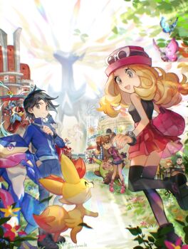 az_(pokemon) bag black_hair black_shirt black_shoes black_thighhighs blonde_hair blue_jacket bracelet calem_(pokemon) chair commentary_request diantha_(pokemon) eyewear_on_head fennekin fireworks floette floette_(eternal) flower gen_4_pokemon gen_6_pokemon green_eyes greninja grey_eyes hat high-waist_skirt huan_li jacket jewelry legendary_pokemon long_hair lucario lysandre_(pokemon) mega_lucario mega_pokemon nintendo open_mouth pink_shoes pleated_skirt pokemon pokemon_(creature) pokemon_xy professor_sycamore quilladin red_skirt serena_(pokemon) shauna_(pokemon) shirt shoes shoulder_bag skirt sleeveless sleeveless_shirt smile sunglasses table thighhighs tierno_(pokemon) trevor_(pokemon) vivillon vivillon_(marine) vivillon_(meadow) xerneas