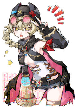 1girl black_gloves black_hat black_nails braid brown_hair cape center_opening commentary_request compass cropped_legs detached_sleeves etmachigaeatx eyewear_on_head fang fingerless_gloves genshin_impact gloves grey_shorts hat highres jahoda_(genshin_impact) looking_at_viewer mechanical_arms micro_shorts nail_polish notice_lines open_mouth pink-tinted_eyewear plunging_neckline prosthesis prosthetic_arm shorts simple_background single_mechanical_arm skin_fang solo star-shaped_pupils star_(symbol) symbol-shaped_pupils tinted_eyewear twintails two-sided_cape two-sided_fabric v watermark white_background yellow_eyes