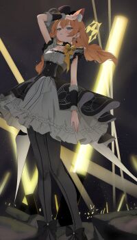 Rule 34 | 1girl, absurdres, animal ear fluff, animal ears, arm up, black hairband, black hat, black headband, black overskirt, blue archive, blue eyes, blush, cat ears, choker, d (delt4), dress, flower, fluffy hair, frilled choker, frills, grey dress, grey feathers, hairband, halo, hat, hat flower, headband, highres, idol, idol clothes, long hair, looking at viewer, low twintails, mari (blue archive), mari (idol) (blue archive), mini hat, mini top hat, official alternate costume, open mouth, orange hair, rose, solo, standing, sweat, top hat, twintails, yellow flower, yellow halo, yellow rose