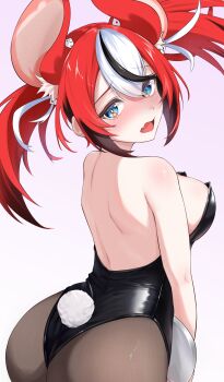 1girl absurdres animal_ears ass backless_leotard bare_shoulders black_hair black_leotard blue_eyes blush breasts colored_tips commentary_request dice_hair_ornament double-parted_bangs extra_ears fake_tail fang from_behind hair_between_eyes hair_ornament hakos_baelz highleg highleg_leotard highres holding holding_tray hololive hololive_english ilie_ilie large_breasts leotard looking_at_viewer looking_back median_furrow mouse_ears mouse_girl multicolored_hair open_mouth pantyhose playboy_bunny rabbit_tail red_hair shoulder_blades simple_background skin_fang solo strapless strapless_leotard streaked_hair tail tray twintails uneven_twintails virtual_youtuber white_hair