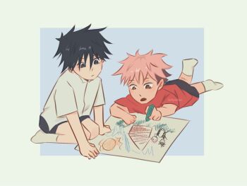 Rule 34 | 2boys, aged down, black eyes, black shorts, border, brown eyes, child's drawing, commentary, crayon, english commentary, fushiguro megumi, highres, itadori yuuji, itfspresident, jujutsu kaisen, leg up, lying, male focus, multiple boys, on stomach, pink hair, red shirt, seiza, shirt, short hair, shorts, sitting, socks, twitter username, white border, white shirt, white socks