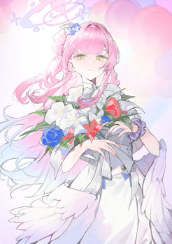 1girl absurdres angel_wings bai_yao_(user_ygua7252) balloon blue_archive blue_flower bucket cowboy_shot dress feathered_wings fingernails flower gradient_hair hair_bun halo highres holding holding_bucket light_blush long_hair looking_at_viewer low_wings mika_(blue_archive) multicolored_hair nail_polish parted_lips pink_hair pink_halo pink_nails red_flower scrunchie simple_background single_side_bun solo two-tone_hair white_dress white_flower white_hair white_wings wings wrist_scrunchie yellow_eyes