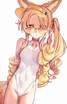 Rule 34 | 1girl, absurdres, animal ears, bare shoulders, blonde hair, blue archive, blush, breasts, collarbone, commentary request, covered navel, forehead, fox ears, fox girl, glasses, halo, highres, jacket, long hair, looking at viewer, mack (13mcqn), official alternate costume, official alternate hairstyle, one-piece swimsuit, pink eyes, seia (blue archive), seia (swimsuit) (blue archive), simple background, sleeves past wrists, small breasts, solo, sunglasses, swimsuit, very long hair, visor cap, white background, white one-piece swimsuit, yellow halo, yellow jacket