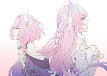 Rule 34 | bare shoulders, breasts, coat, commentary, cyrene (aedes elysiae) (honkai: star rail), cyrene (honkai: star rail), cyrene (ripples of past reverie) (honkai: star rail), dress, dual persona, flower, from side, hair flower, hair ornament, highres, honkai: star rail, honkai (series), jewelry, large breasts, long hair, multicolored hair, necklace, pink hair, purple coat, purple eyes, rune (rne at), simple background, small breasts, smile, two-tone hair, very long hair, white background, white dress, white hair