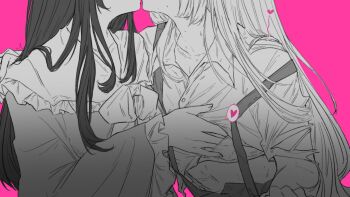 2girls alulue1 bra bra_pull clothes_lift clothes_pull collared_shirt dress fujiwara_no_mokou greyscale_with_colored_background hand_on_another's_shoulder heart highres houraisan_kaguya kiss long_hair multiple_girls nipple_stimulation pink_background shirt shirt_lift simple_background spoken_heart suspenders sweat touhou underwear yuri