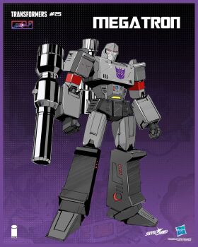 1boy arm_cannon autobot clenched_hands closed_mouth copyright_name dan_mora decepticon highres humanoid_robot joints looking_at_viewer mechanical_arms mechanical_legs megatron megatron_(skybound) no_humans official_art red_eyes robot robot_joints solo transformers transformers_(skybound) weapon