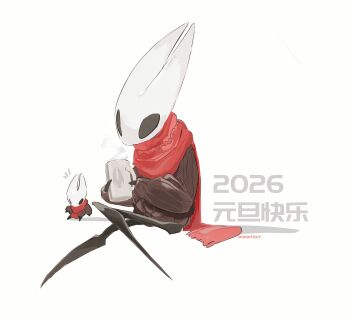 1girl 2026 absurdres arthropod_girl artist_name brown_sweater chinese_commentary chinese_text commentary_request cup full_body halftone highres hightguy holding holding_cup hollow_eyes hollow_knight hollow_knight:_silksong horned_mask hornet_(hollow_knight) knee_up long_sleeves looking_down mask no_mouth notice_lines puffy_long_sleeves puffy_sleeves red_scarf ribbed_sweater scarf shadow simple_background sitting solo steam sweater translation_request white_background white_mask