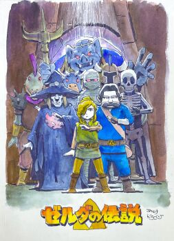 Rule 34 | 6+boys, akahanadragon, ball-and-chain trooper, belt, black hair, blonde hair, boots, commercial, facial hair, facing viewer, full body, ganon, gibdo, hair over one eye, hat, japanese text, light rays, link, link's uncle (zelda), monster, multiple boys, mustache, nintendo, polearm, robe, smile, stalfos, standing, taros (zelda), the legend of zelda, the legend of zelda: a link to the past, trident, tunic, weapon, witch hat, wizzrobe, zazak (zelda)